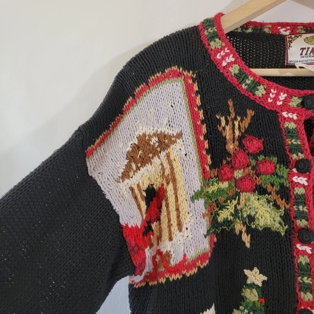 VTG TIARA 3-D Knit Ugly Sweater Cardigan Sz L Cottagecore Heavy Knit Home Trees